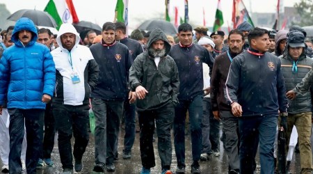 Congress leader Rahul Gandhi during the Bharat Jodo Yatra in Jammu, Friday. Express