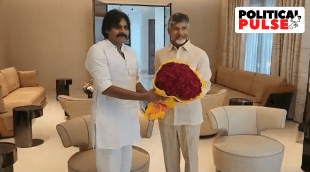 Both leaders maintained that "saving democracy in AP" was their main objective, and the issue of a possible alliance (between the TDP and the Jana Sena) could come up later. (Sceengrab from  video shared by @JaiTDP/Twitter)