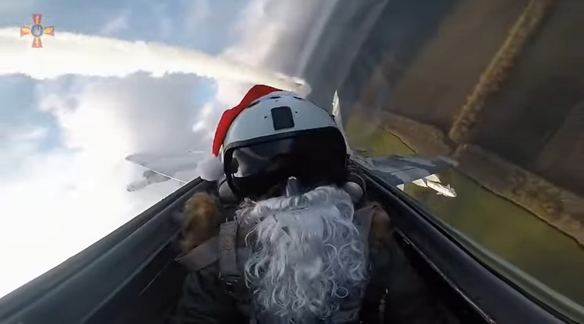 Screenshot of video showing a fighter pilot dressed as Santa making a strike with a pair of US-integrated AGM-88 HARM air-to-surface anti-radiation missiles. (Source: Instagram/ukraine_defence)