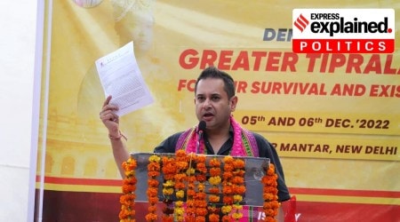 TIPRA Motha chief Pradyot Kishore Manikya Debbarman onstage in Jantar Mantar, Delhi.