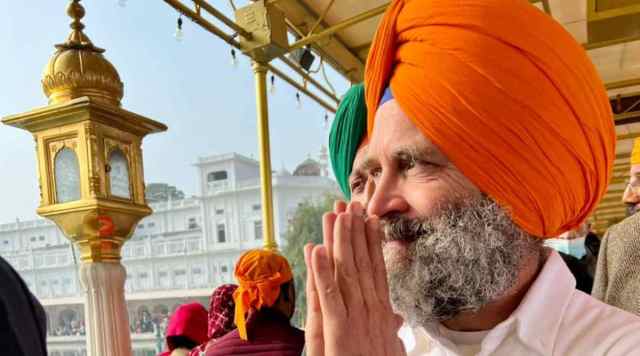 Wearing a saffron turban, Rahul was accompanied to the Golden Temple by a large crowd of Congress workers and leaders such as Amritsar MP G S Aujla, State Congress president Warring and Opposition leader in Punjab Assembly Partap Singh Bajwa. (Bharat Jodo Yatra/Twitter screen grab)