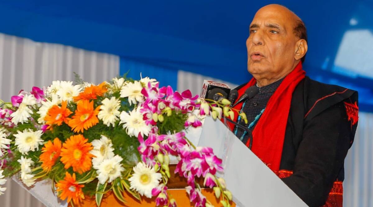Defence Minister Rajnath Singh speaking at an event to inaugurate Siyom bridge in Arunachal Pradesh. (Twitter/@DefenceMinIndia)