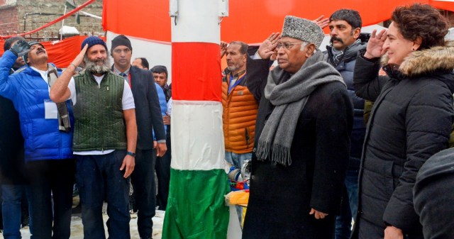 Congress President Mallikarjun Kharge with party leaders Rahul Gandhi, Priyanka Gandhi Vadra, KC Venugopal and others during the flag hoisting ceremony at the Congress Headquarters at the end of party's 'Bharat Jodo Yatra', in Srinagar, Monday, Jan. 30, 2023. (PTI Photo)