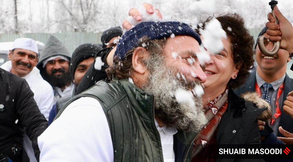 In Pics | Rahul, Priyanka Gandhi share a playful moment in Kashmir's snow |  India News,The Indian Express