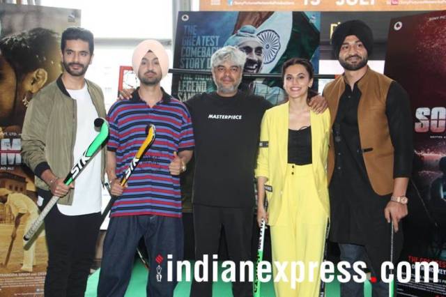 Diljit Dosanjh, Taapsee Pannu and Angad Bedi along with Shaad Ali and Sandeep Singh at the trailer launch of Soorma. (Express/file photo by Varinder Chawla)