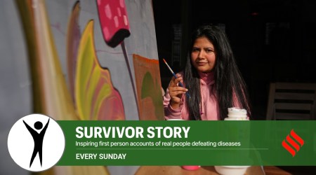 Shaiqa Shaukat, at her restaurant The Pint Room in Delhi with her paintings, in New Delhi on Thursday (Express photo by Abhinav Saha)