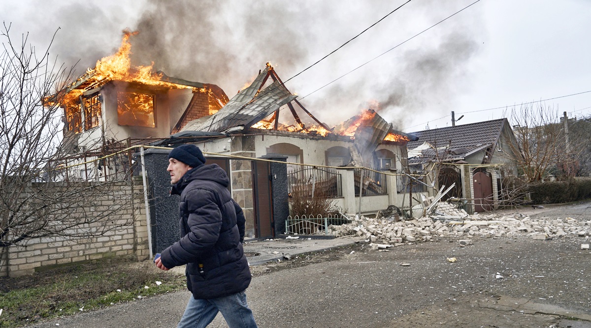 a building burns in bakhmut ukraine