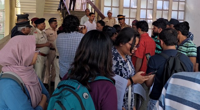 Students protest at the main administrative building of IIT Bombay on Friday. (Express Photo)