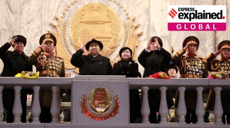 North Korean leader Kim Jong Un and daughter Kim Ju Ae attend a military parade to mark the 75th founding anniversary of North Korea's army