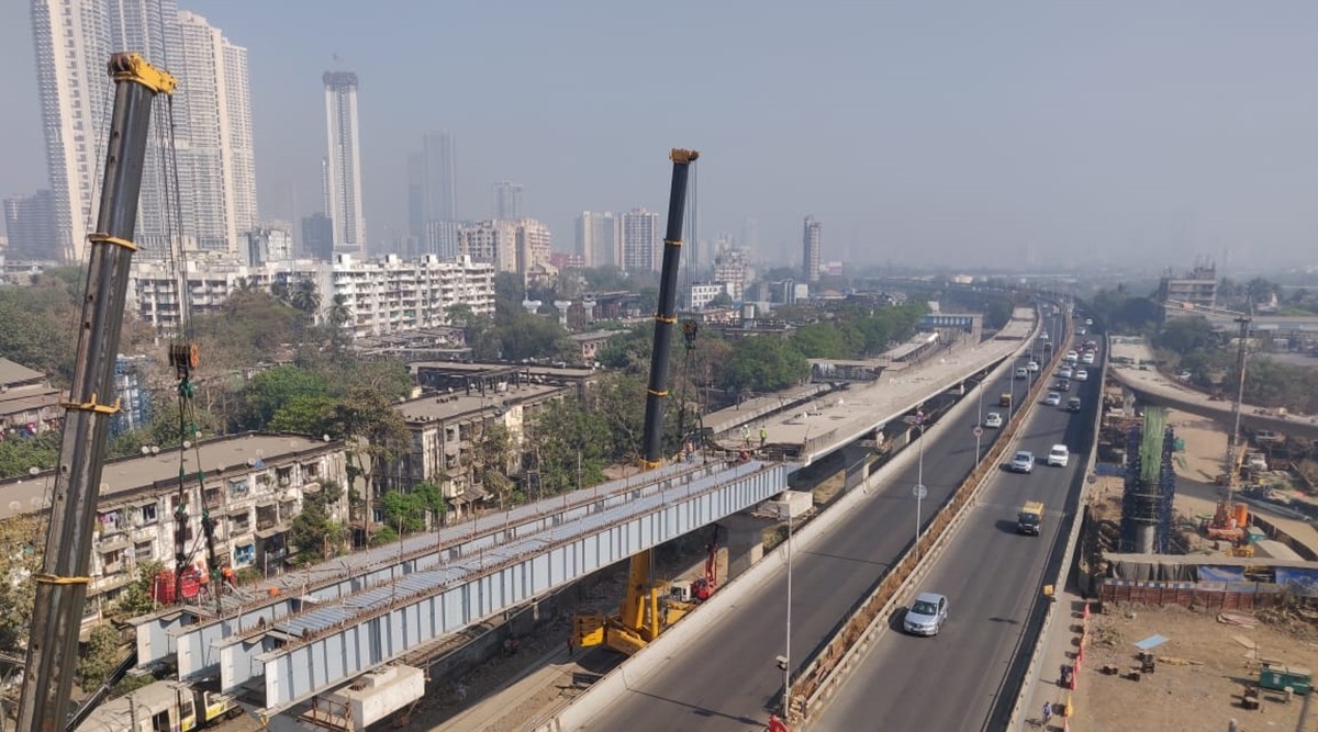 The first composite steel girder span installed on Sewri side on Monday. Express