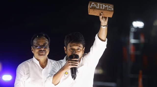 Udhayanidhi Stalin also displayed a brick with AIIMS written on it to indicate no construction activity has started. (Source: Twitter)
