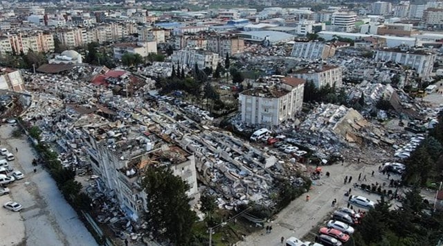 Aerial photo shows the destruction in Hatay city center, southern Turkey, Tuesday, Feb. 7, 2023.  (AP)