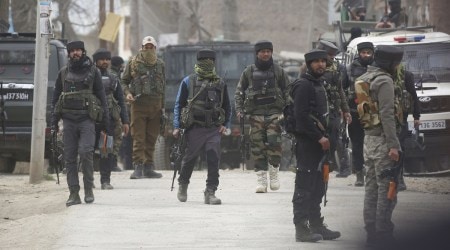 Army personnel at the encounter site  in Pulwama on Tuesday.  (Express photo by Shuaib Masoodi)