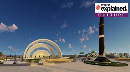 The Rs 81-crore 'Pen Monument', standing in the Bay of Bengal 360 m from the coast, was proposed by the government last year, and is expected to become a Chennai landmark on completion. (Express Photo)