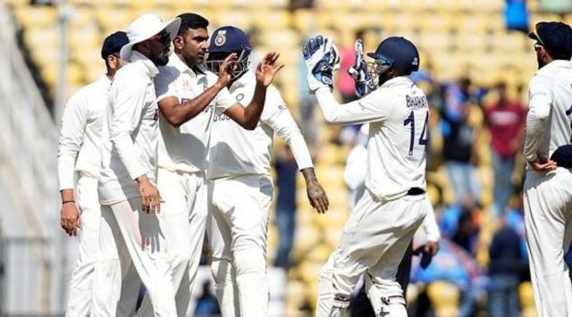 India's Ravichandran Ashwin, second from left, celebrates the wicket of Australia's Alex Carey during the first day of the first cricket test match between India and Australia in Nagpur, India, Thursday, Feb. 9, 2023. (AP Photo/Rafiq Maqbool)
