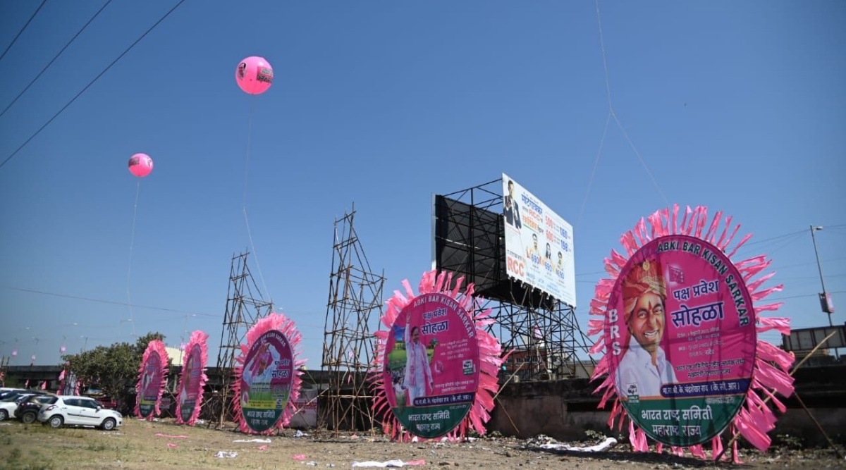 Banners and signboards of BRS and KCR have been put up at the venue where a huge tent has been erected to accommodate those who attend the public meeting. (Express)