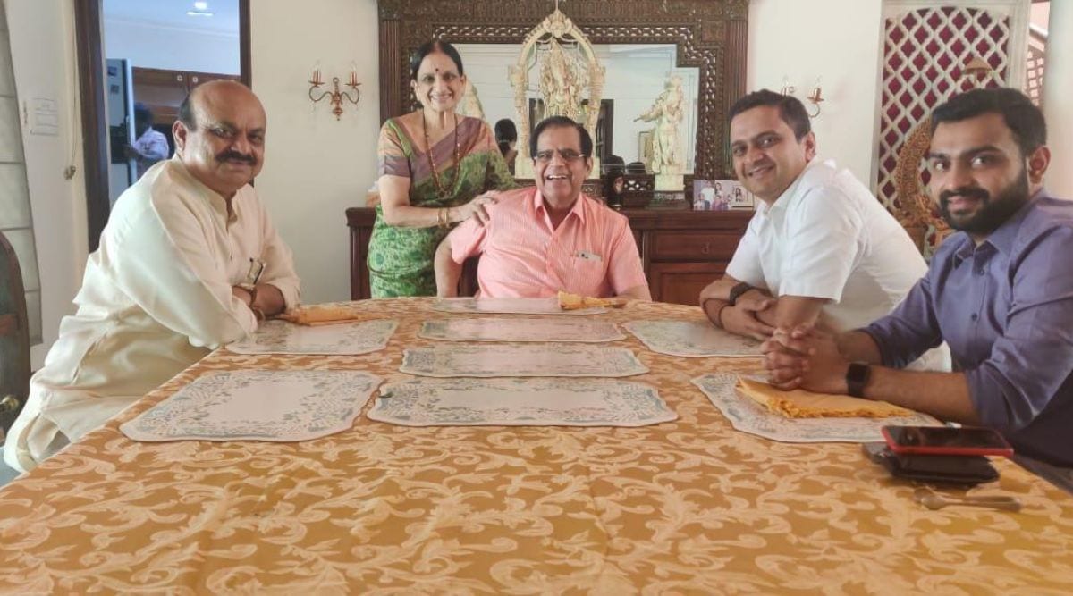 Taking to Twitter, the JDS also posted photos of Chief Minister Basavaraj Bommai, Narayan and BJP national general secretary BL Santosh meeting Pai over a meal and sought Modi’s intervention to eradicate corruption at all levels. (Express Photo) 