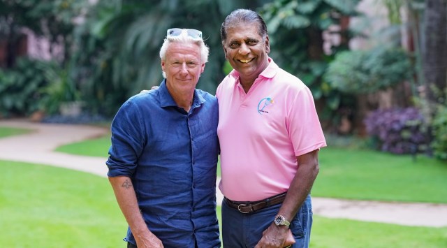 Former tennis players Bjorn Borg (L) and Vijay Amritraj during a media interaction, in Bengaluru, Feb. 21, 2023. (PTI)