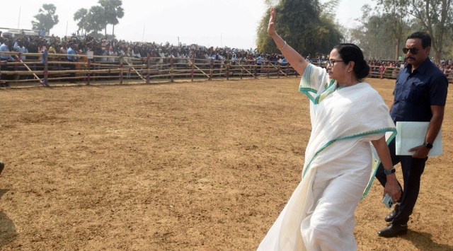 Chief Minister Mamata Banerjee arrives at a rally venue in Purulia district on Thursday. @AITCofficial
 (Express Photo)