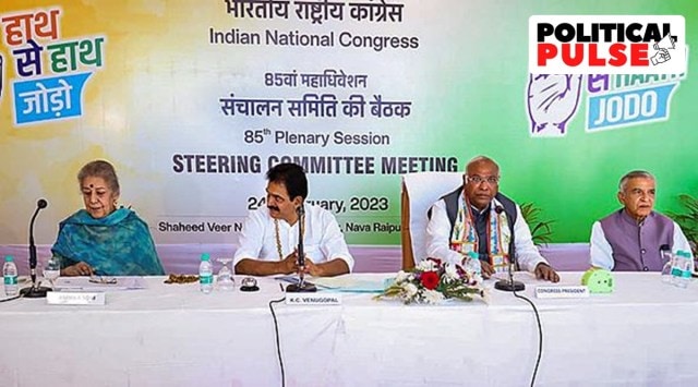 Congress President Mallikarjun Kharge with party leaders KC Venugopal, Ambika Soni and Pawan Kumar Bansal at the Steering Committee Meeting during the 85th Plenary Session of the Indian National Congress, in Raipur. (PTI) 