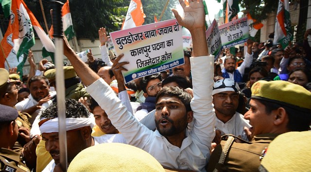 Congress workers protest over Kanpur self immolation case in Lucknow on wednesday. (Express photo by Vishal Srivastav)