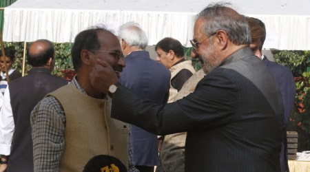 Congress’s Anand Sharma with party MP Adhir Ranjan Chowdhury at a lunch hosted by ex-CM Bhupinder Singh Hooda in New Delhi on Thursday. (Express Photo: Anil Sharma)
