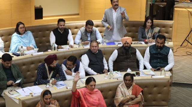 Councillors during the General House meeting of the Chandigarh Municipal Corporation on Tuesday. (Express Photo by Jasbir Malhi )
