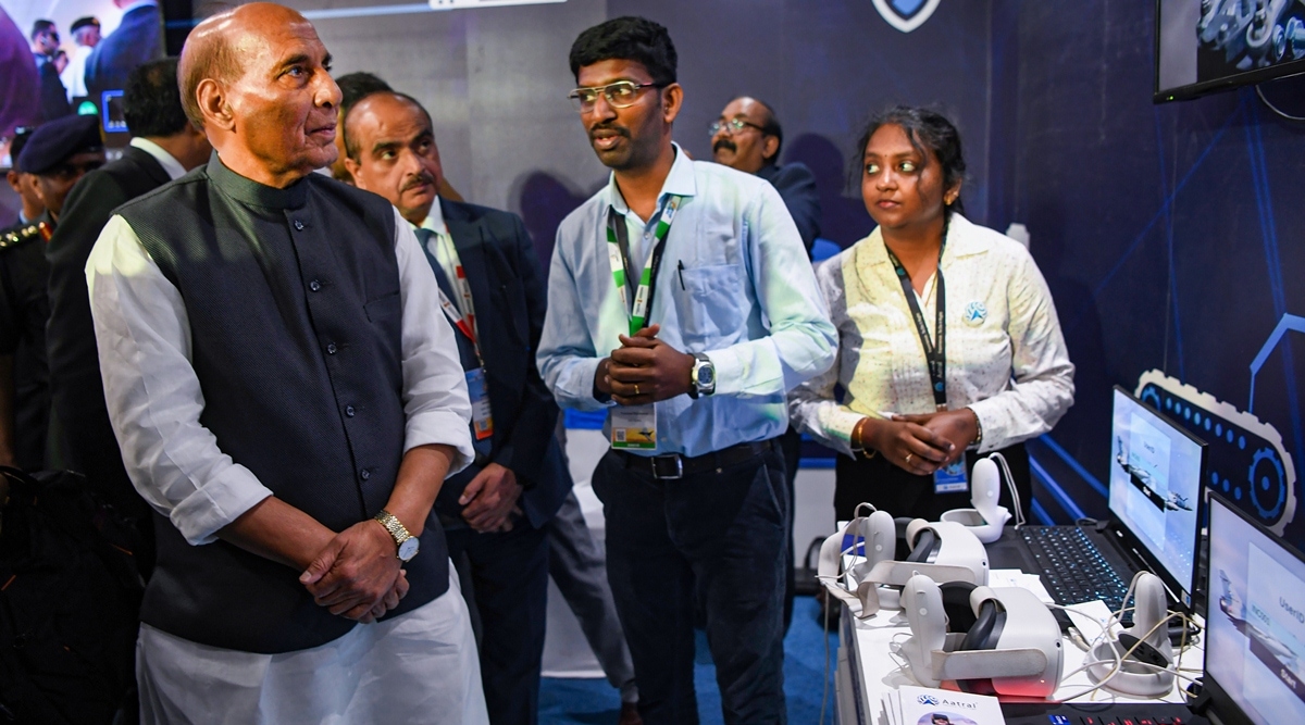 Defence Minister Rajnath Singh at annual event Manthan on the sidelines of Aero India in Bengaluru, Wednesday. (PTI)