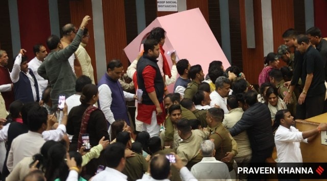 The scuffle broke out after the MCD Mayor declared one vote invalid in the election to six members of the Standing Committee. (Express Photo by Praveen Khanna)