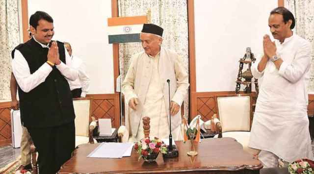Devendra Fadnavis and Ajit Pawar with Governor Bhagat Singh Koshyari at Raj Bhavan in 2019. (Express File Photo)