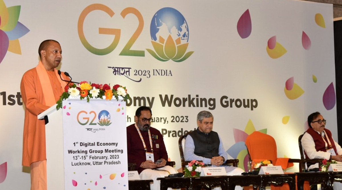CM Yogi Adityanath with Union Ministers Ashwini Vaishnaw, Rajeev Chandrasekhar and Mahendra Nath Pandey at the inaugural session of G20 meeting in Lucknow,  Monday. Express