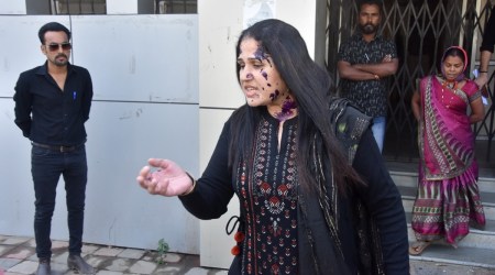 Gandhidham municipality president Ishita Tilwani after ink was thrown on her in Gandhidham town, in Kutch on Tuesday. (Express Photo by Paresh Patel)