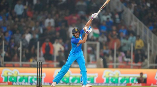 India's Shubhman Gill plays a shot during the third T20 international cricket match between India and New Zealand in Ahmedabad, India, Wednesday, Feb. 1, 2023. (AP Photo/Ajit Solanki)