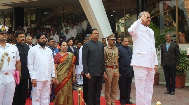 Governor Ramesh Bais, Chief Minister Eknath Shinde and others at Vidhan Bhawan, on the first day of the Budget Session in Mumbai on Monday. (Express photo by Ganesh Shirsekar) 