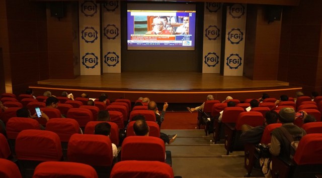 Federation of Gujarat Industries, Vadodara organises a special live screening of the Union Budget. (Express Photo by Bhupendra Rana)
