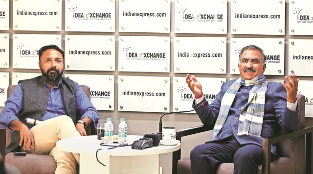 Himachal Pradesh Chief Minister Sukhvinder Singh Sukhu (right) at The Indian Express office in Noida. (Express photo by Abhinav Saha)