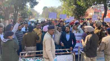 More than 400 teaching and non-teaching staff were protesting near Goswami Ganesh Dutta Sanatan Dharma College in Sector 32 recently (File)