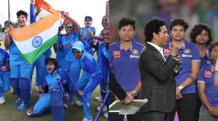 India U19 women's team celebrate winning the World Cup, (right) Sachin Tendulkar speaks at the team's felicitation event at the Narendra Modi Stadium in Ahmedabad ahead of the 3rd India-New Zealand T20. (BCCI on Twitter)