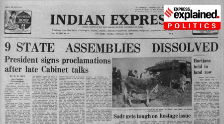 Indian Expres Archives photo, of a newspaper headline saying Indira Gandhi dissolves 9 state assemblies
