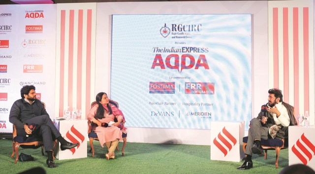 (From right to left) Oncologist and author Dr Siddhartha Mukherjee in conversation with Devyani Onial, National Features Editor, The Indian Express and Anant Goenka, Executive Director, The Express Group