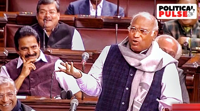 Congress president Mallikarjun Kharge speaks in the Rajya Sabha during Budget Session of Parliament, in New Delhi. (PTI)