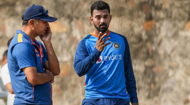 Indian cricketer KL Rahul with team head coach Rahul Dravid during a practice session ahead of the 2nd test cricket match between India and Australia, at the Arun Jaitley Stadium in New Delhi. (PTI)