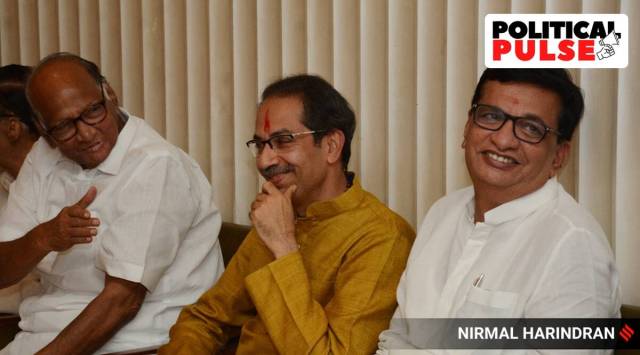 Shiv Sena (UBT) chief Uddhav Thackeray with NCP chief Sharad Pawar and Congress' Balasaheb Thorat during a meeting. (Express photo by Nirmal Harindran/File)