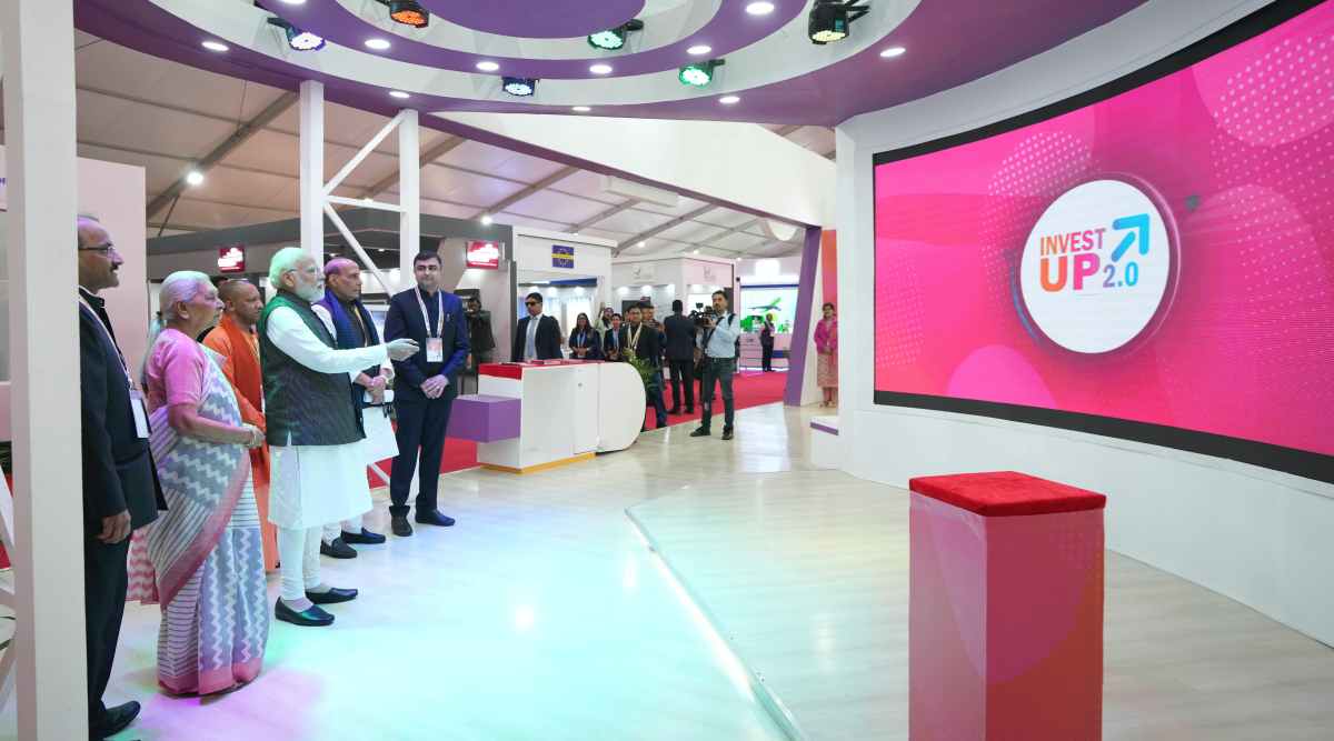 Prime Minister Narendra Modi, fourth from left, inaugurates global investors summit in Lucknow. (AP Photo)