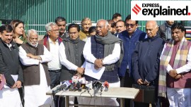 Leader of Opposition Mallikarjun Kharge with other opposition parties MPs addresses the media at Vijay Choek during the Budget Session of Parliament