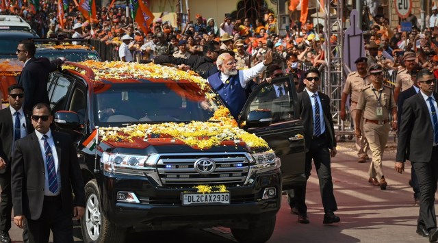 PM Narendra Modi during a roadshow in Belagavi, Karnataka, on Monday. (Photo: PTI)