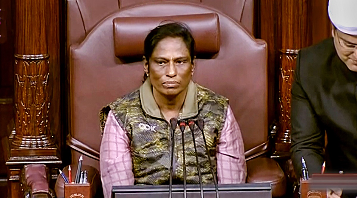 Rajya Sabha MP PT Usha in the Speaker chair conducts proceedings in the House during Budget Session of Parliament. (PTI)