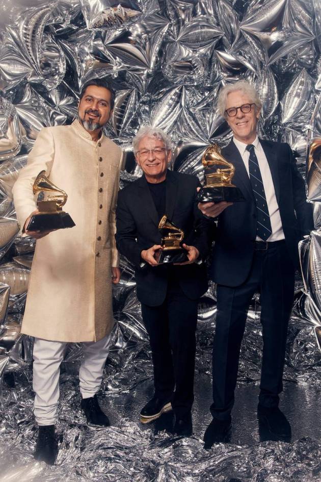 Three-time Grammy winner Ricky Kej (left), music producer Herbert Waltl (centre), and Kej's collaborator and The Police drummer Stewart Copeland present at 65th Grammy Awards. Ricky opted for a cream sherwani for the music awards function