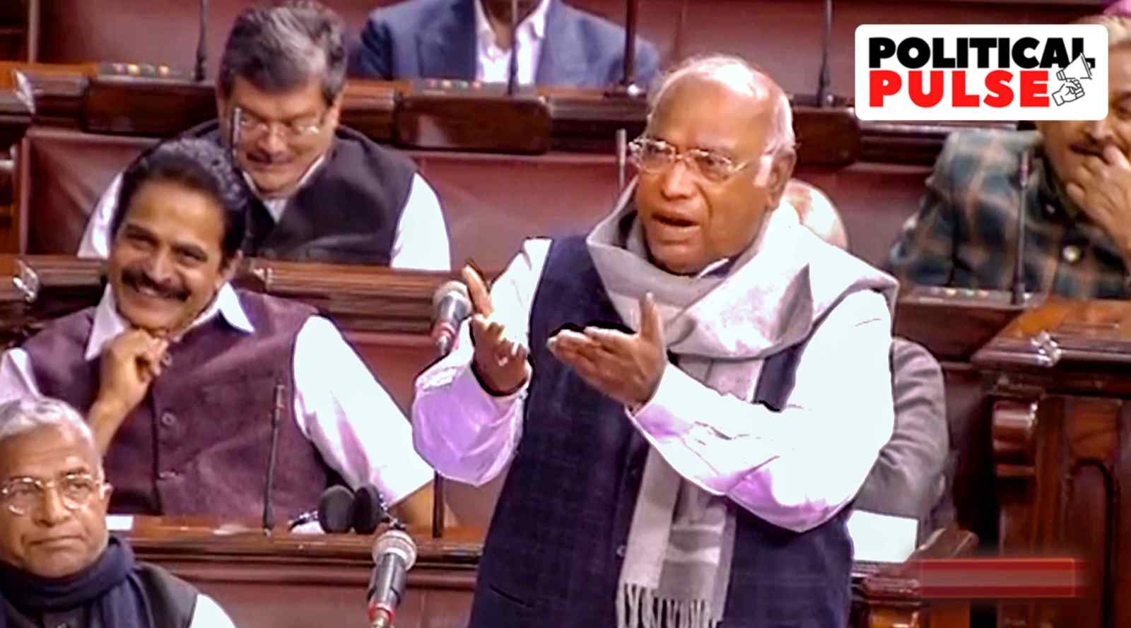 Congress MP Mallikarjun Kharge speaks in the Rajya Sabha during Budget Session of Parliament, in New Delhi, Wednesday, Feb. 8, 2023. (PTI Photo)
