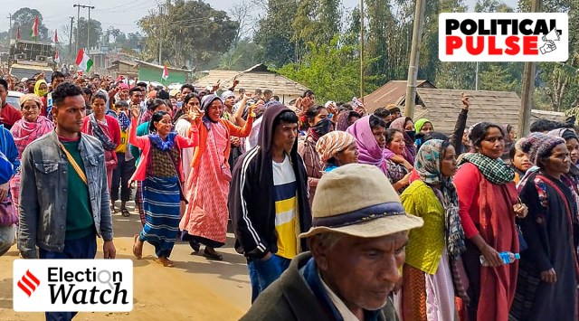 Residents of Mukroh village along the disputed Assam-Meghalaya border participate in a rally ahead of the Meghalaya Assembly polls, in Saipung division, Saturday, Feb. 25, 2023. (PTI Photo)